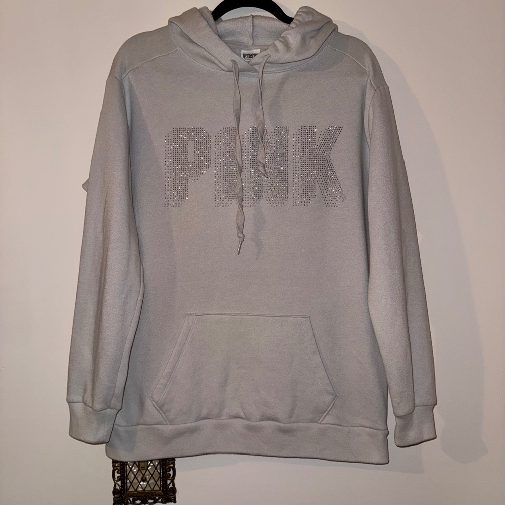 Victoria's Secret PINK Rhinestone Logo Hoodie Light Gray Pullover Sweatshirt S